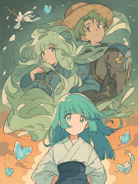 Anime Girls & Boy with Flowing Hair and Butterflies