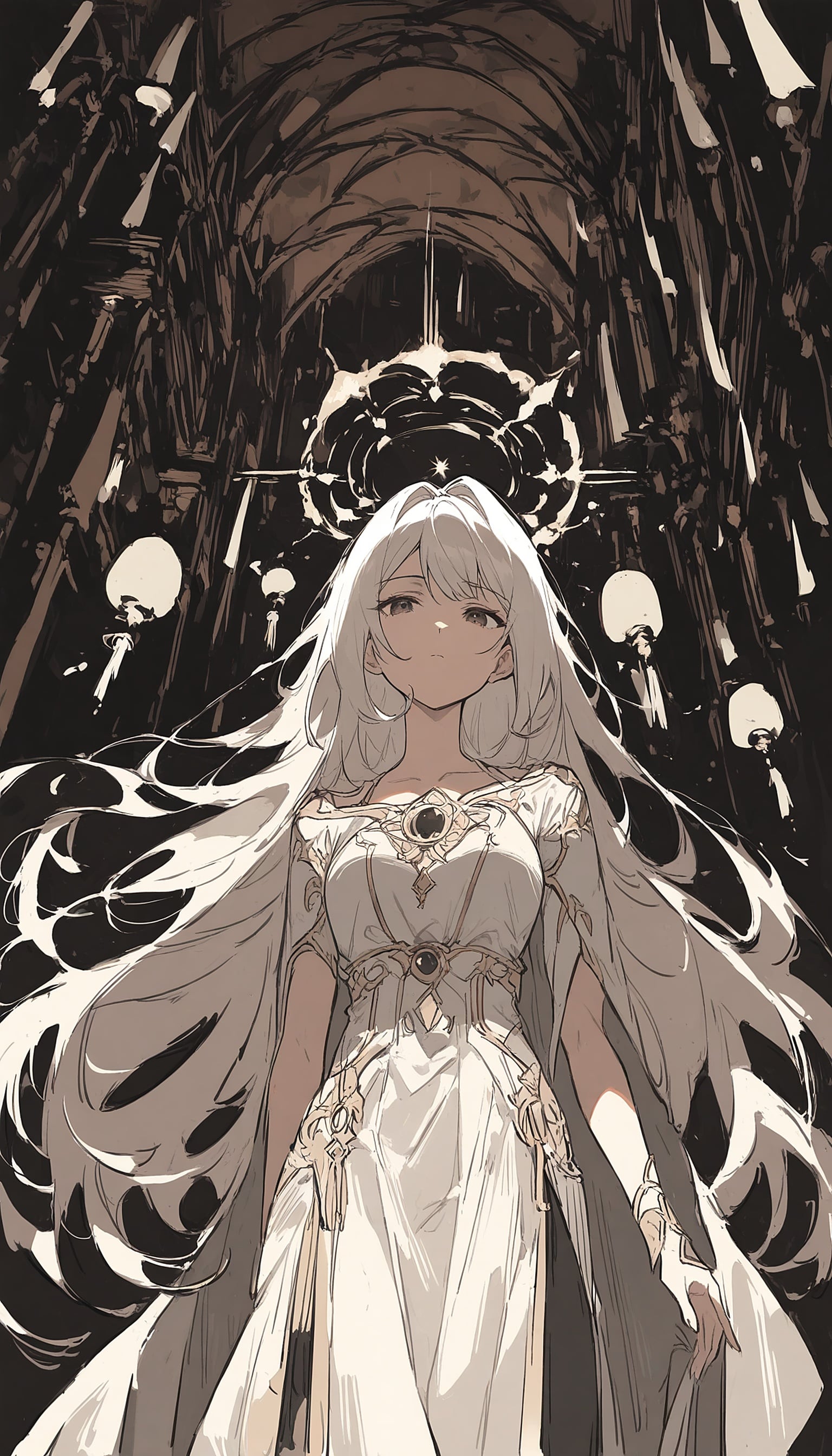 White Haired Anime Girl in Dark Fantasy Setting, anime girl, white hair, fantasy, gothic, dark aesthetic, elegant