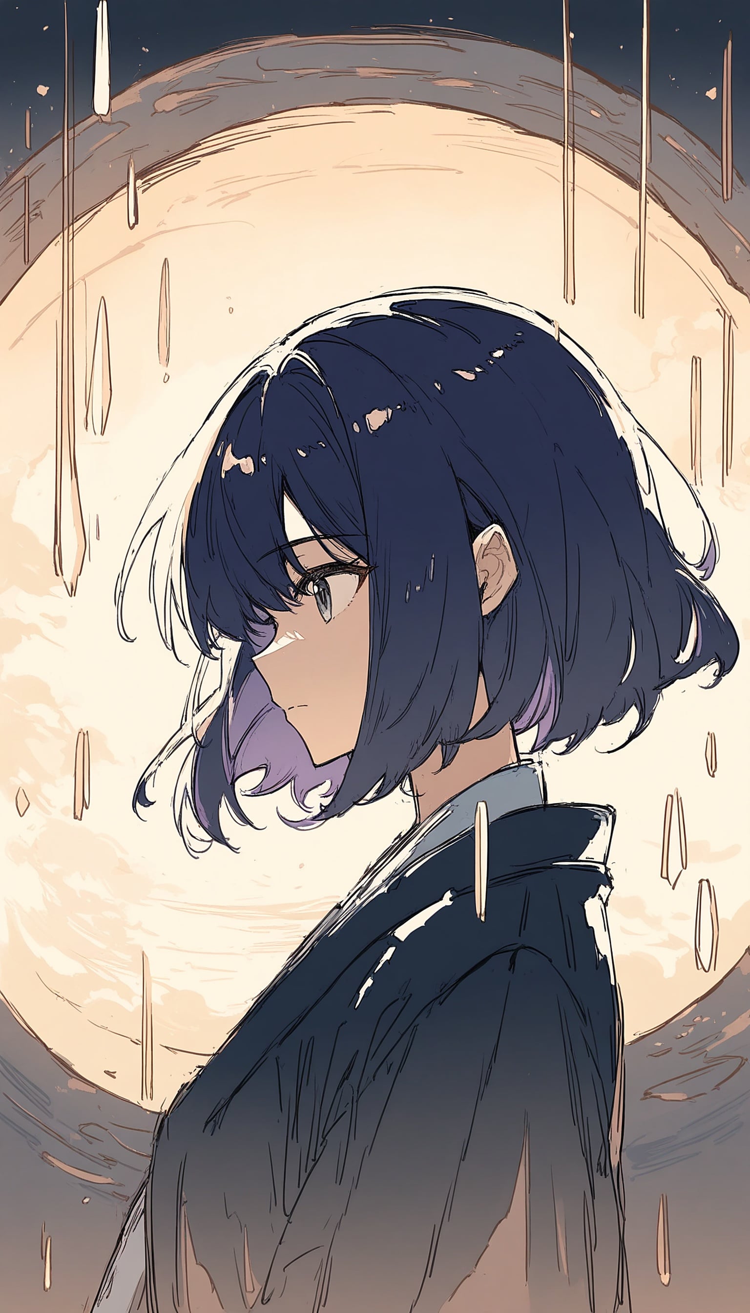 Anime Girl Against Giant Moon Rainy Night, anime girl, anime wallpaper, moonlit night, rainy aesthetic, dark hair, pensive mood