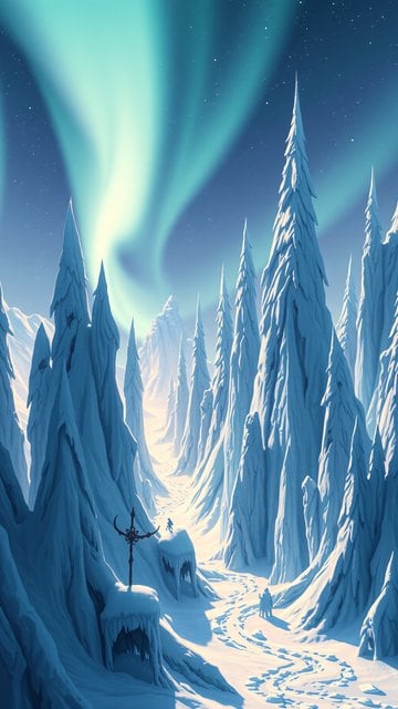 Snowy Arctic Valley with Aurora Borealis