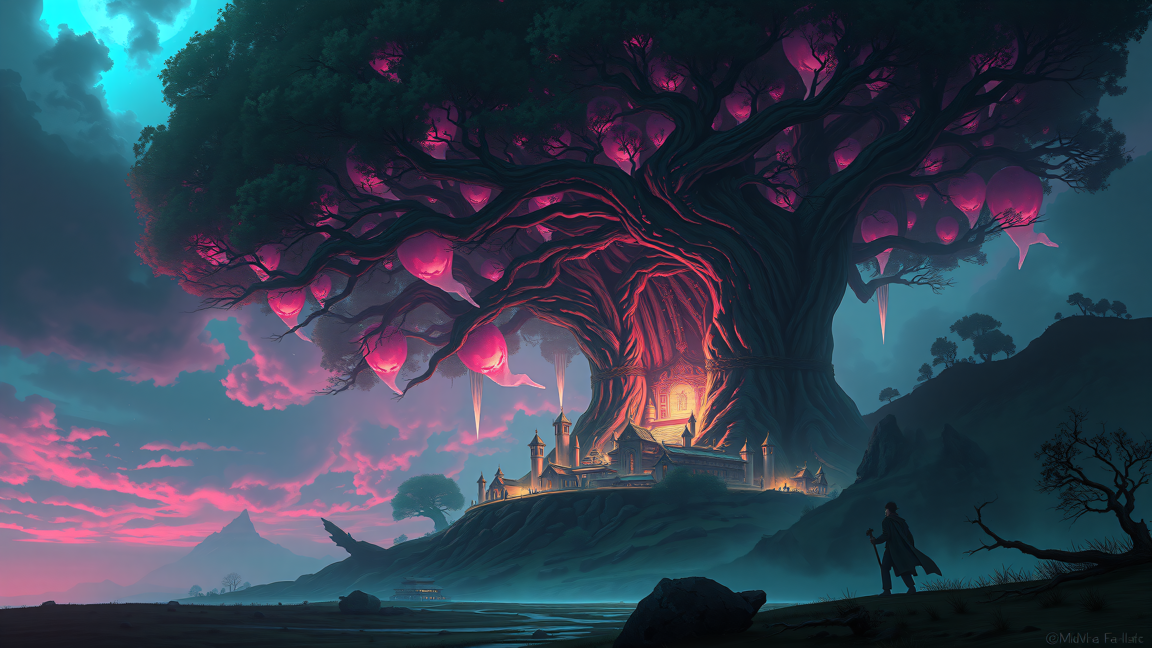 Enchanted Tree City Twilight Fantasy Wallpaper, fantasy tree, glowing tree, enchanted city, magical landscape, pink leaves, teal sky