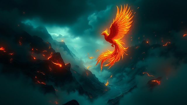 Fiery Phoenix Over Misty Teal Mountains
