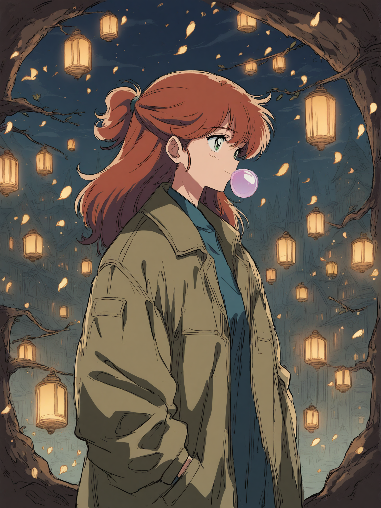 Anime Girl Blowing Bubble Gum at Night Lanterns, anime girl, lanterns, night scene, bubble gum, fantasy, dreamy
