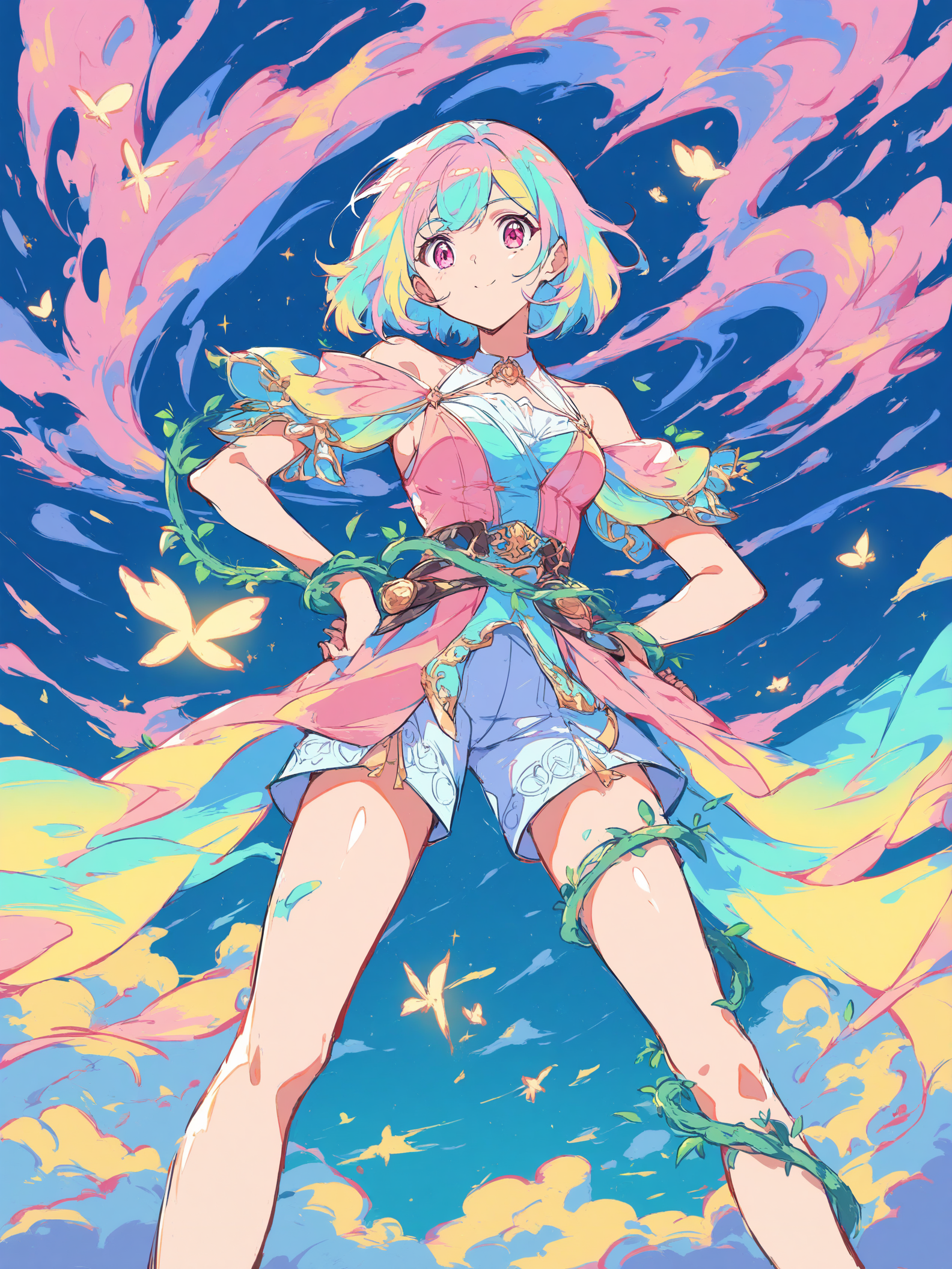 Anime Girl Pastel Sky Fantasy Wallpaper, anime girl, pastel colors, fantasy art, colorful sky, butterflies, vines
