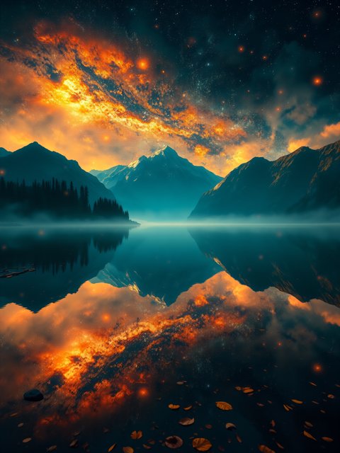 Celestial Lake & Mountains, Fire Sky Night