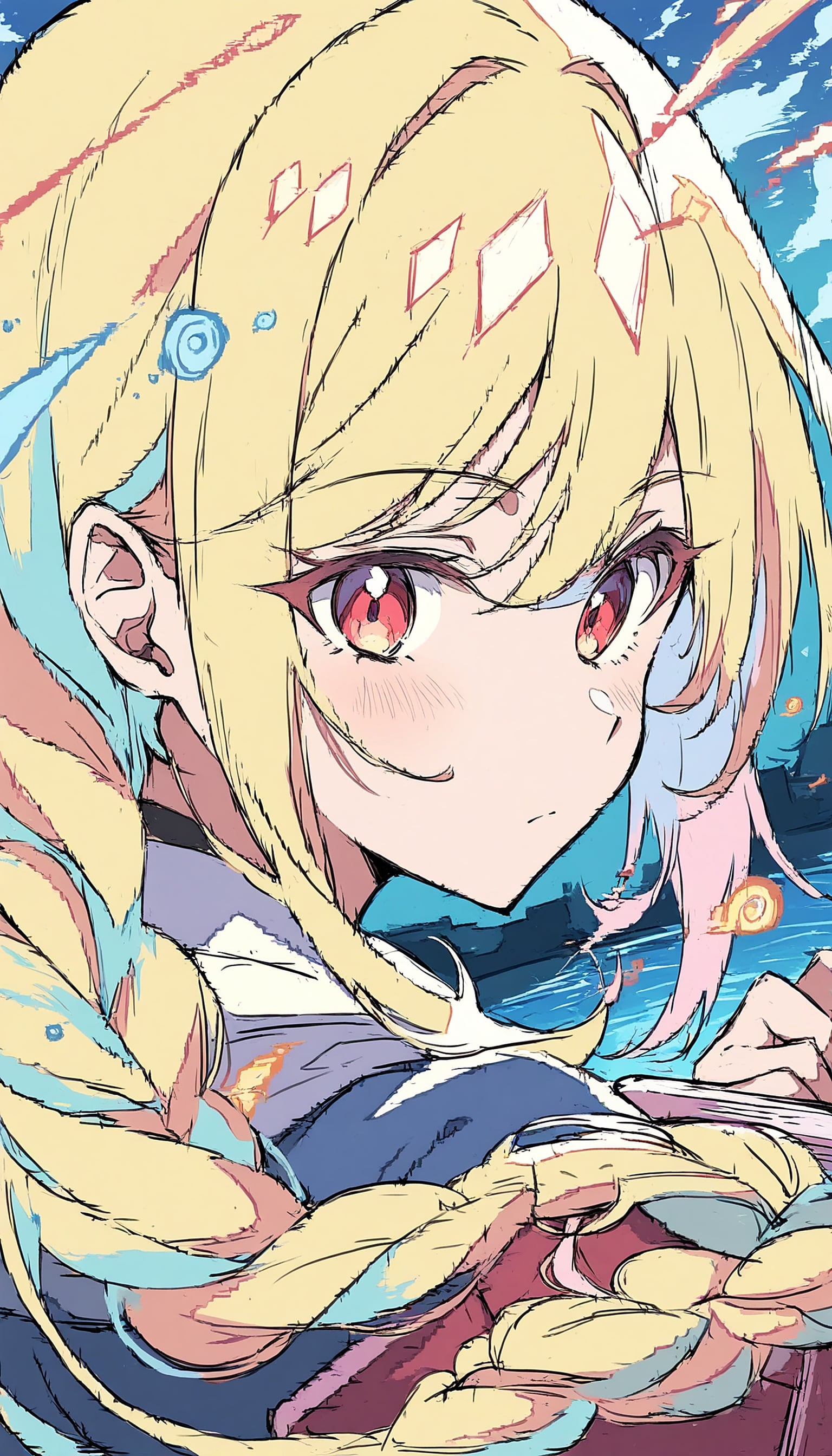Anime Girl Portrait with Braids and Sparkling Eyes, anime girl, braids, blonde hair, red eyes, pastel colors, digital art