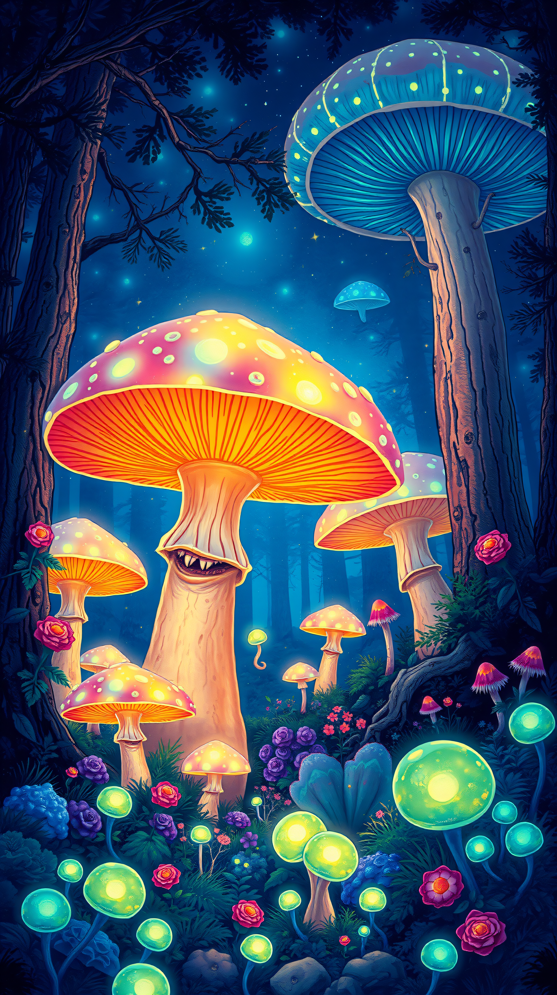 Enchanted Forest Glow Mushrooms Wallpaper, glowing mushrooms, enchanted forest, fantasy landscape, bioluminescent plants, magical night, fantasy art