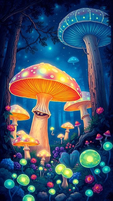 Enchanted Forest Glow Mushrooms Wallpaper