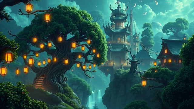 Fantasy Teal Village with Glowing Lanterns