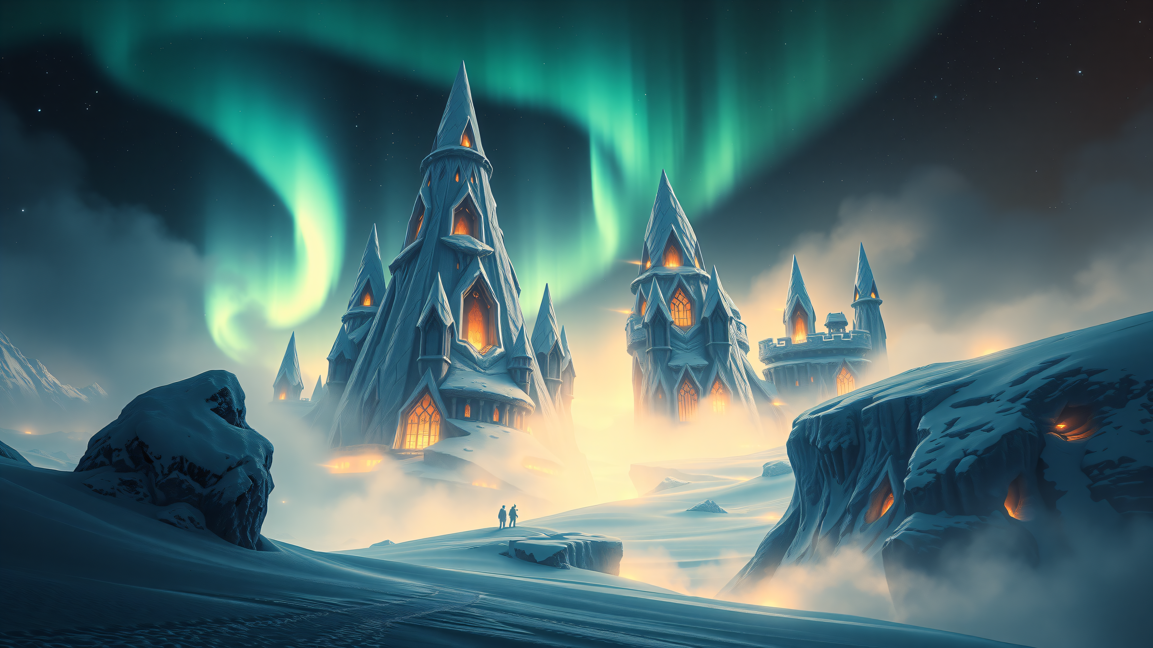 Fantasy Ice Castle Northern Lights Wallpaper, ice castle, northern lights, aurora borealis, fantasy, snow landscape, winter