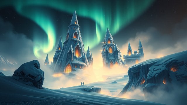 Fantasy Ice Castle Northern Lights Wallpaper
