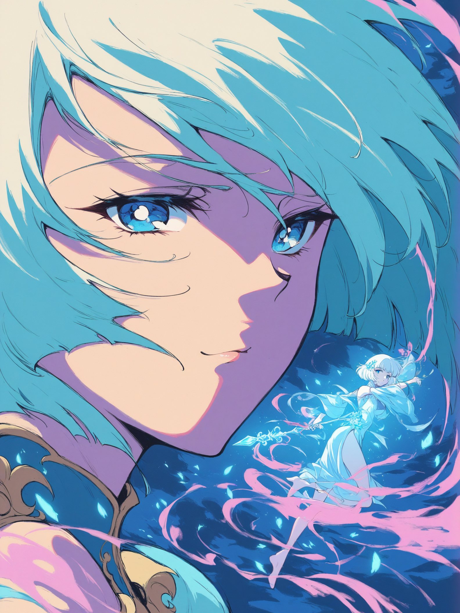 Anime Girl Close-up with Magical Scene, anime girl, manga art, fantasy, blue hair, glowing eyes, magical