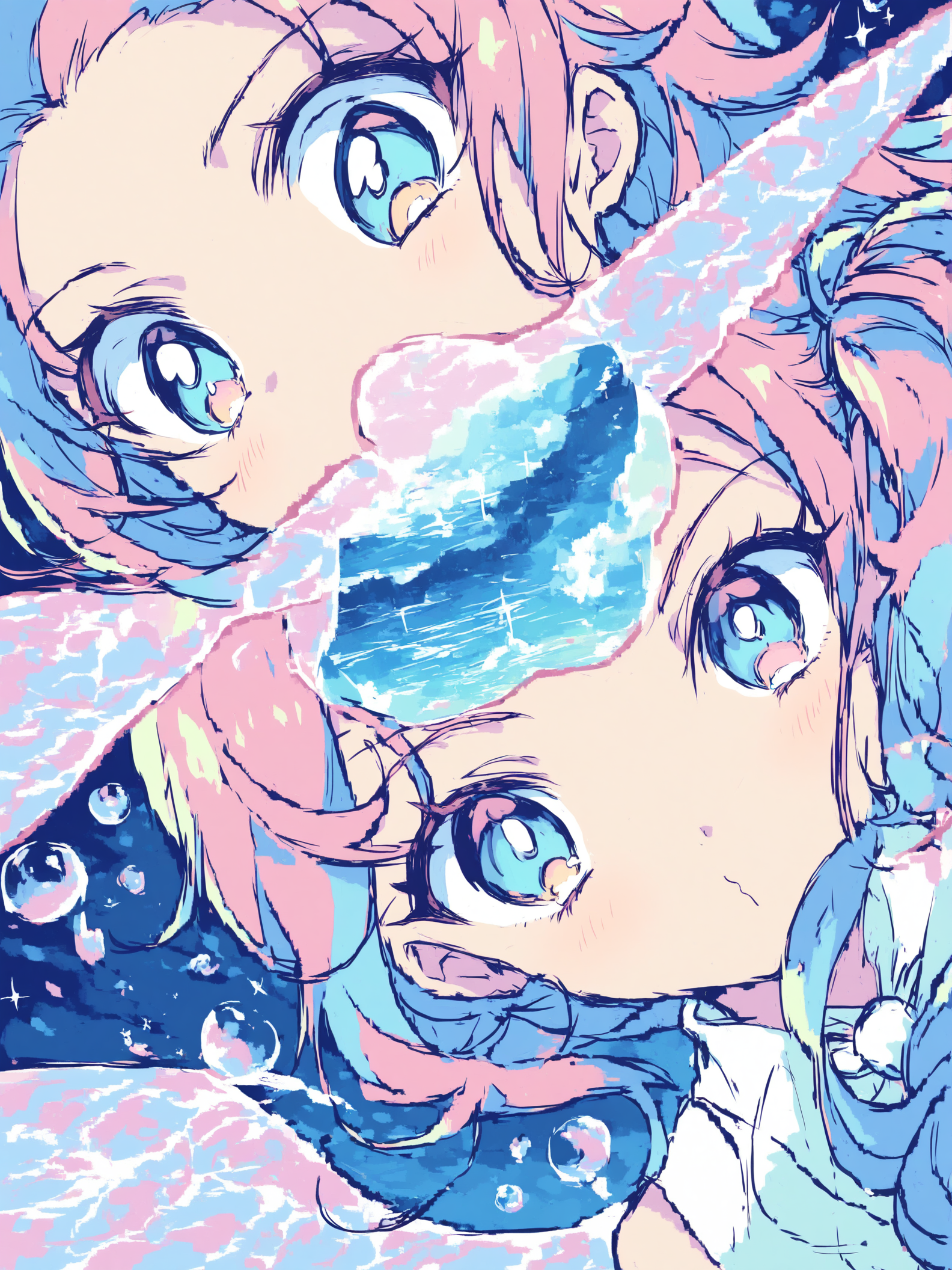 Anime Girl Faces in Water Dreamscape Wallpaper, anime girl, cute anime, pastel art, blue pink, dreamy aesthetic, water effect