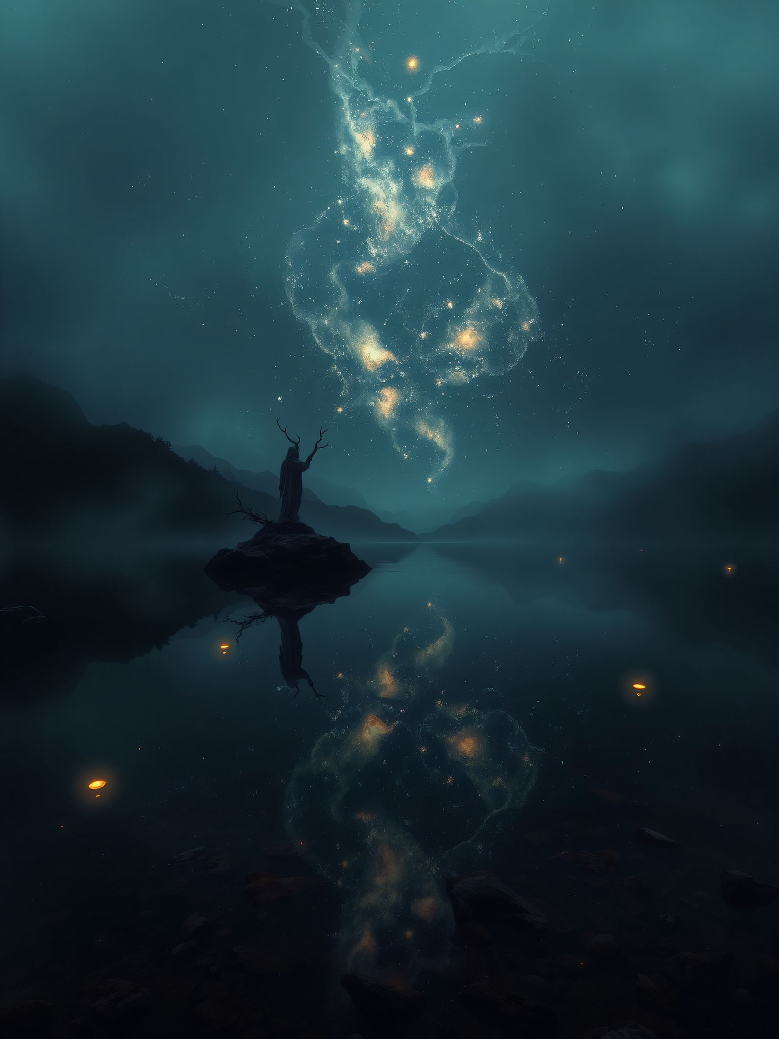 Mystic Lake Guardian under Cosmic Sky Wallpaper, mystical, fantasy, lake, stars, nebula, antlers