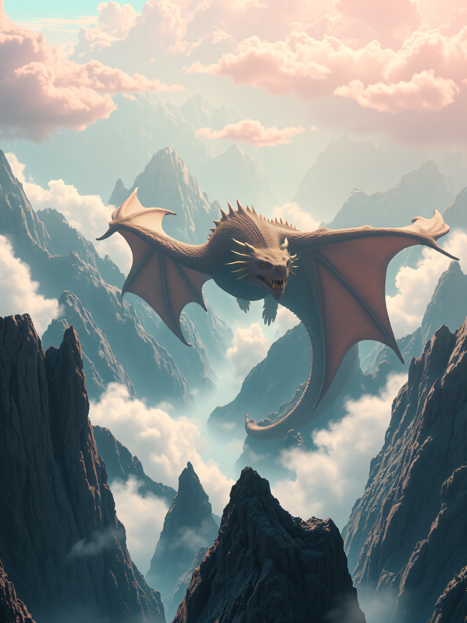 Misty Mountain Dragon Flight Fantasy Wallpaper, dragon, fantasy, mountains, mist, clouds, mythical creature