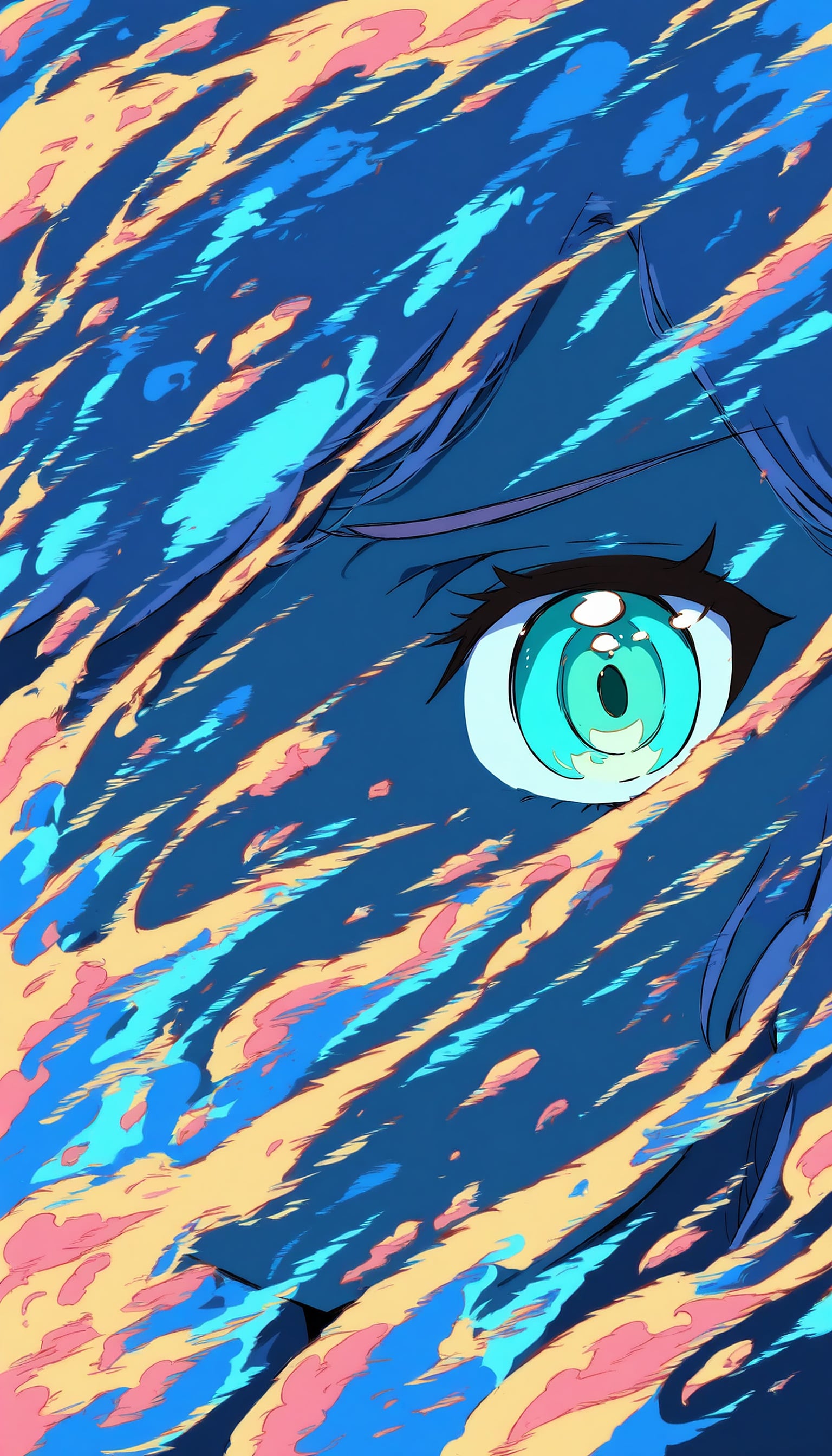 Anime Eye with Dynamic Abstract Background, anime eye, abstract art, blue yellow pink, dynamic patterns, manga style, vibrant wallpaper