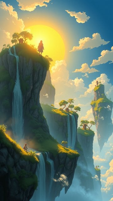 Floating Islands Waterfall Sunset Anime Wallpaper