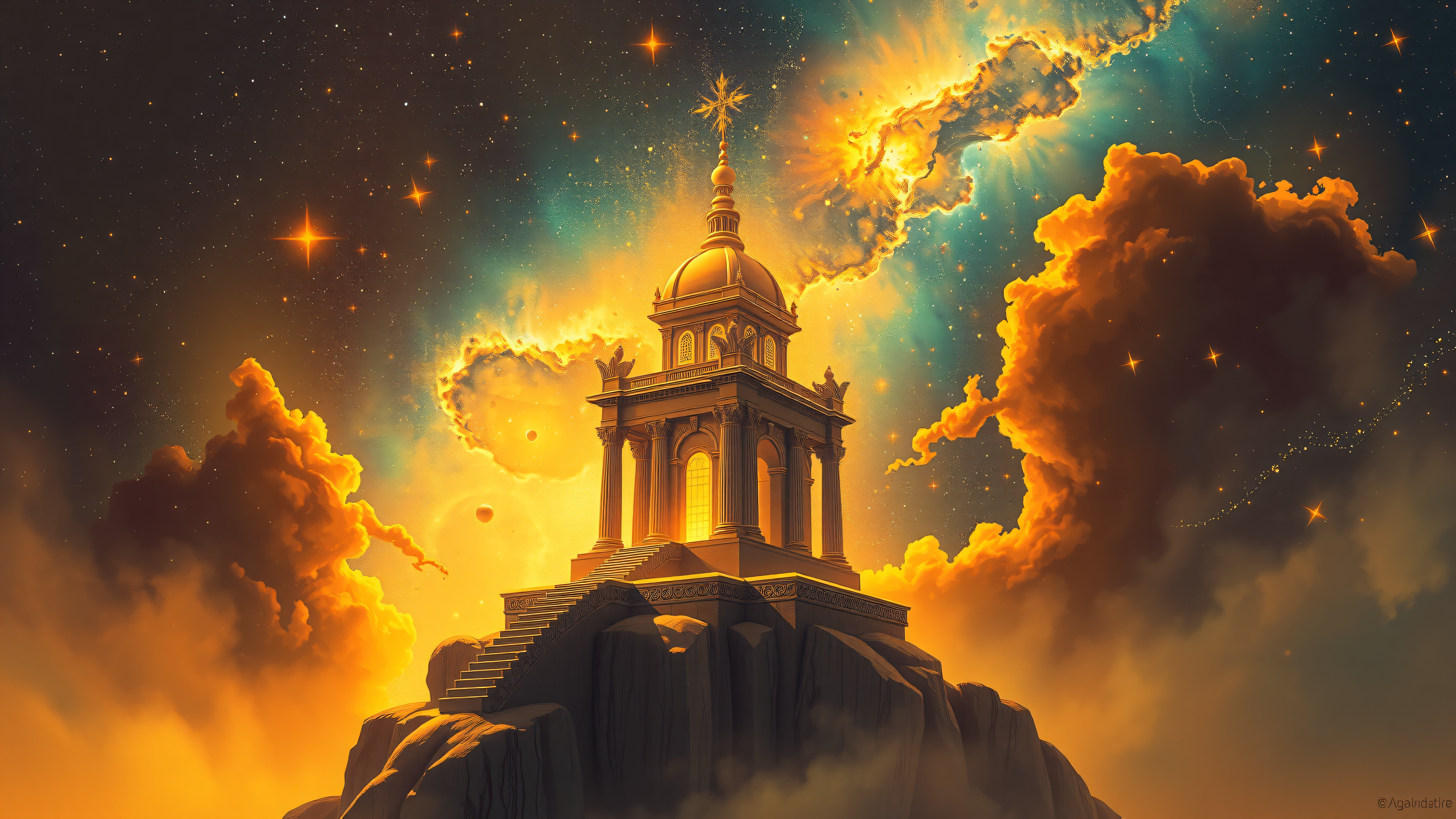Celestial Temple on Golden Cloudscape Wallpaper, celestial temple, fantasy art, golden clouds, nebula sky, cosmic landscape, epic fantasy