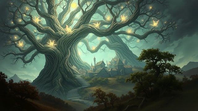 Fantasy Moonlit Tree Village Wallpaper