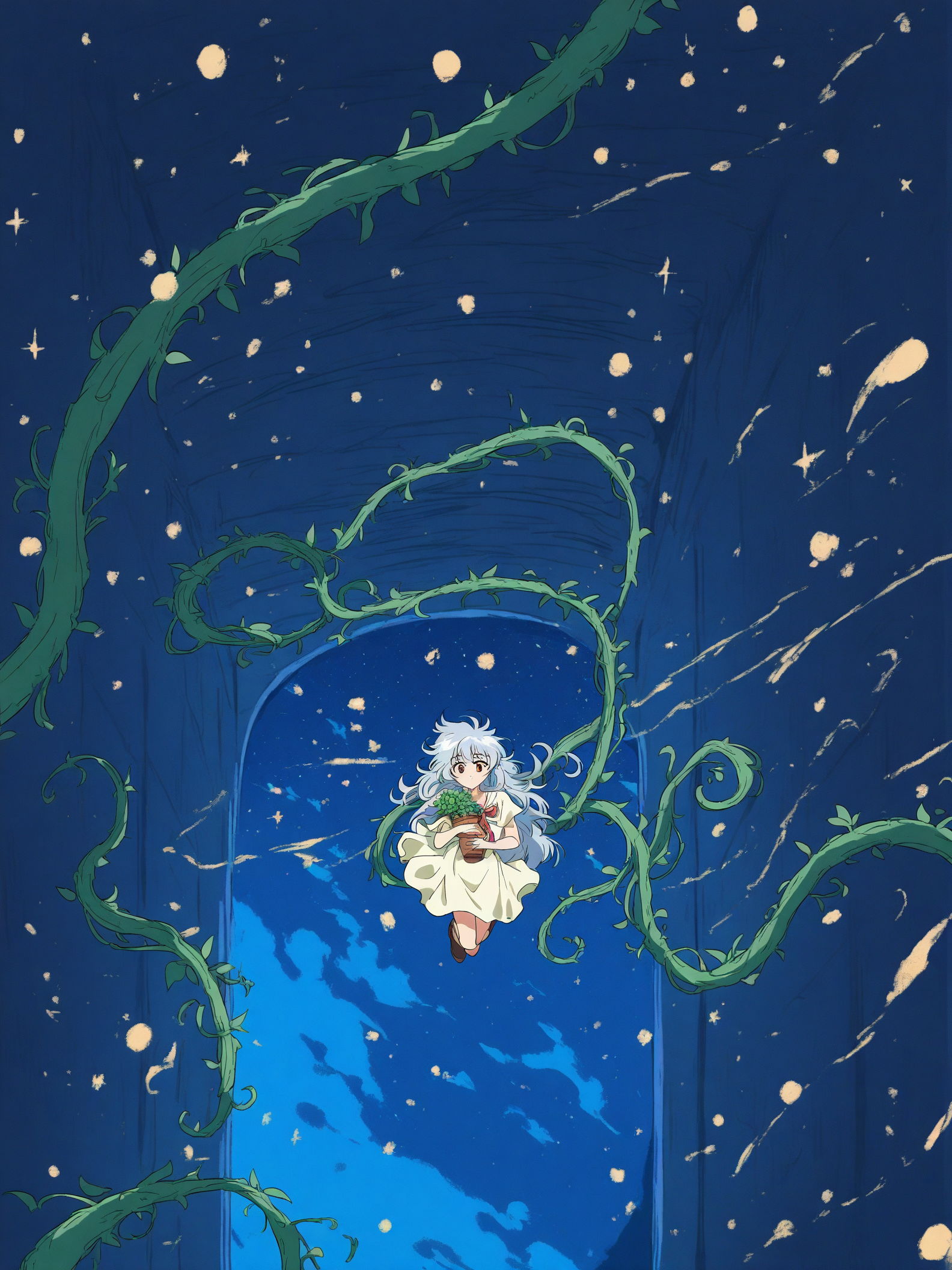 Anime Girl with Plant Pot & Vines at Night, anime girl, fantasy, magical, night sky, vines, plant pot