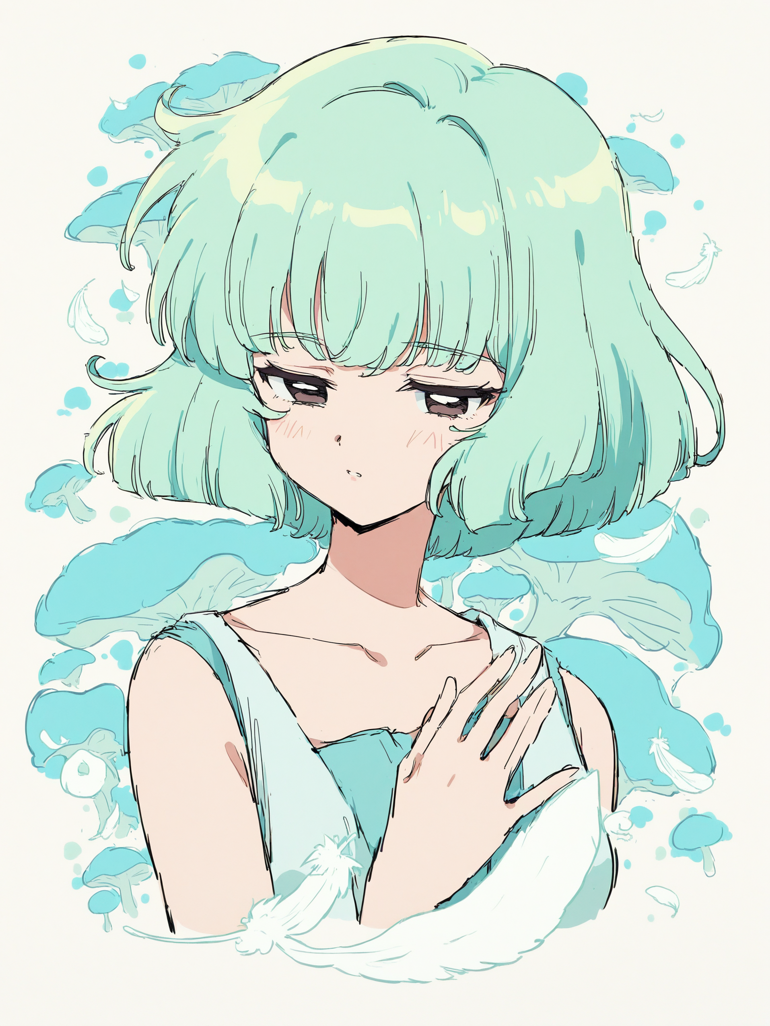 Anime Girl with Mint Hair and Blue Mushrooms, anime girl, mint hair, blue mushrooms, fantasy art, cute anime, pastel colors