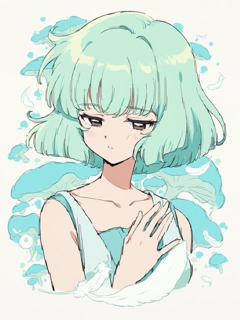 Anime Girl with Mint Hair and Blue Mushrooms