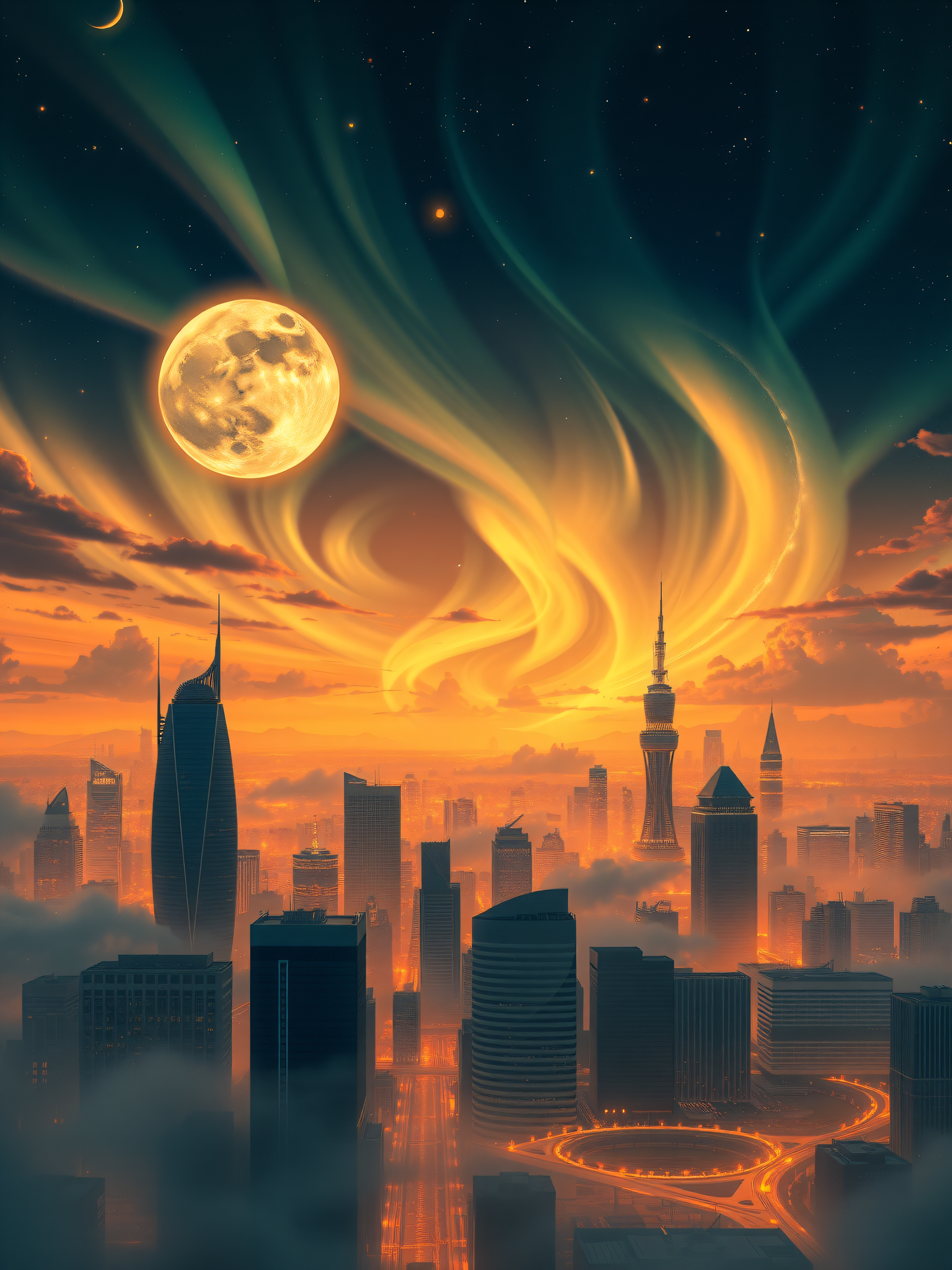 Fantasy City Aurora Sunset Full Moon, fantasy city, aurora borealis, sunset, full moon, night sky, futuristic city