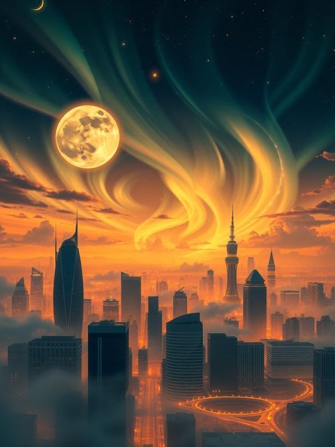 Fantasy City Aurora Sunset Full Moon