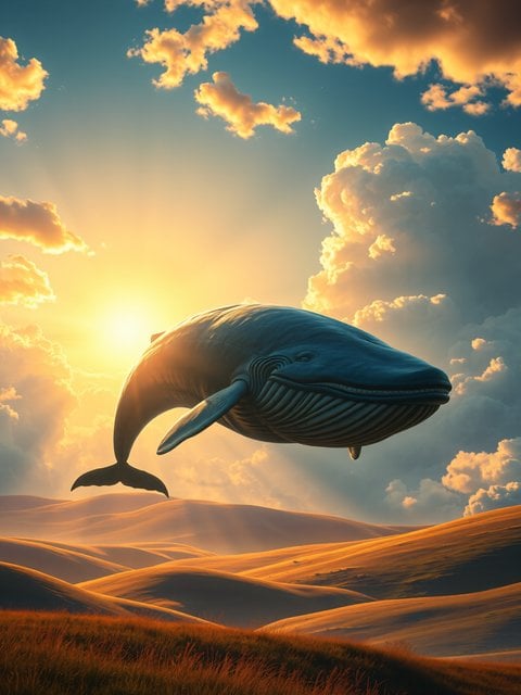 Flying Whale Sunset Dreamscape Wallpaper