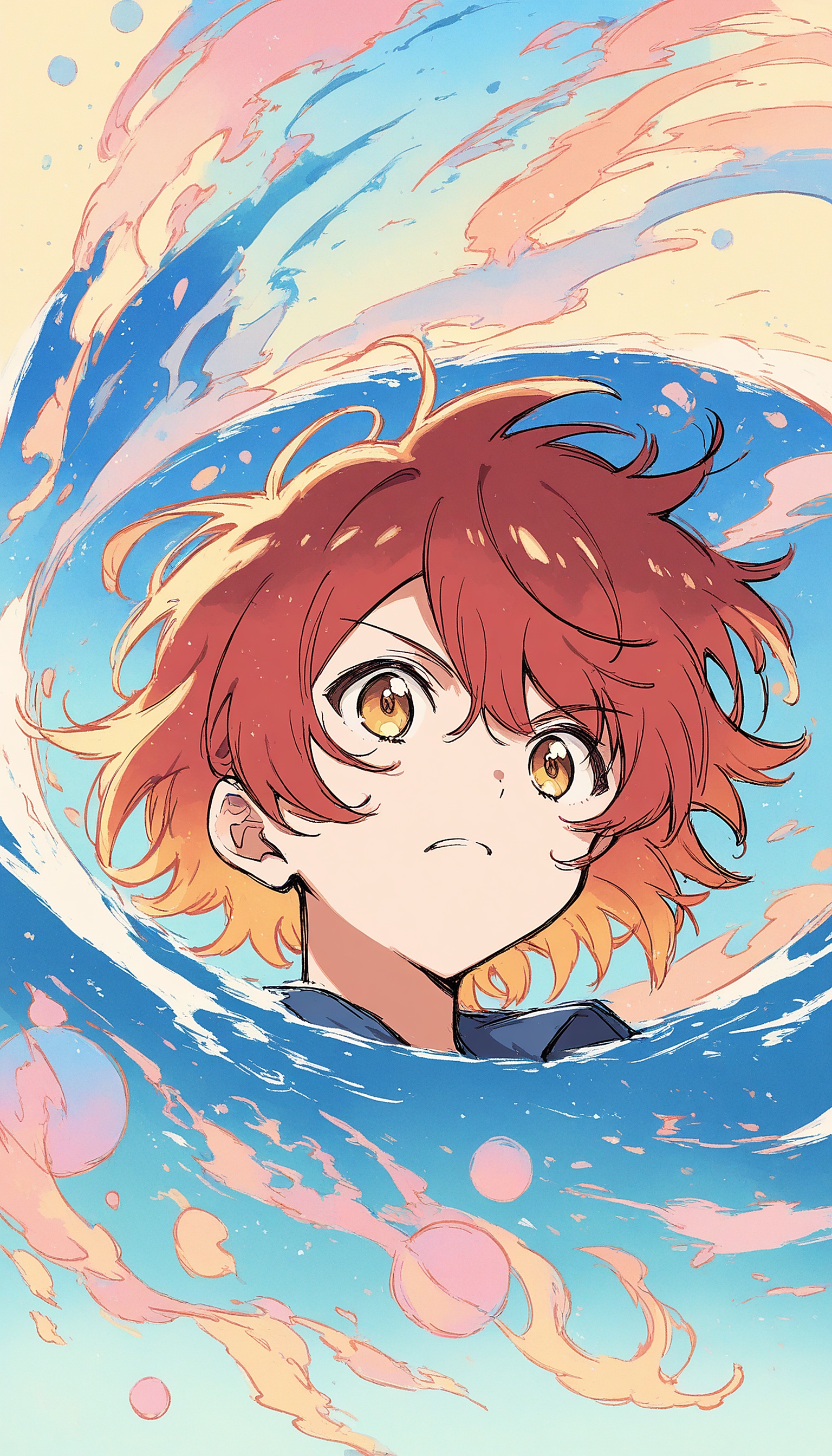 Anime Boy Emerging from Swirling Water, anime boy, manga character, swirling water, anime art, bright colors, peach blue