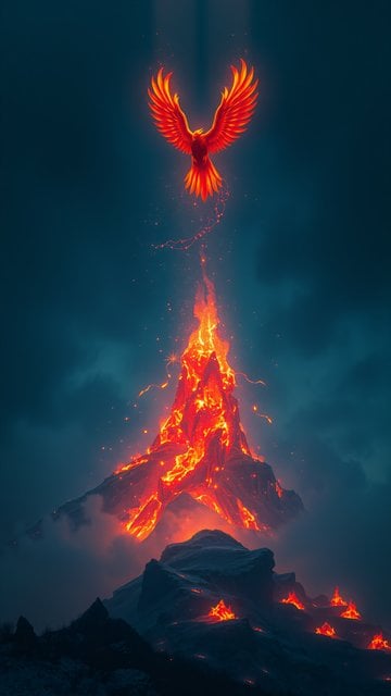 Phoenix and Fiery Volcano Wallpaper