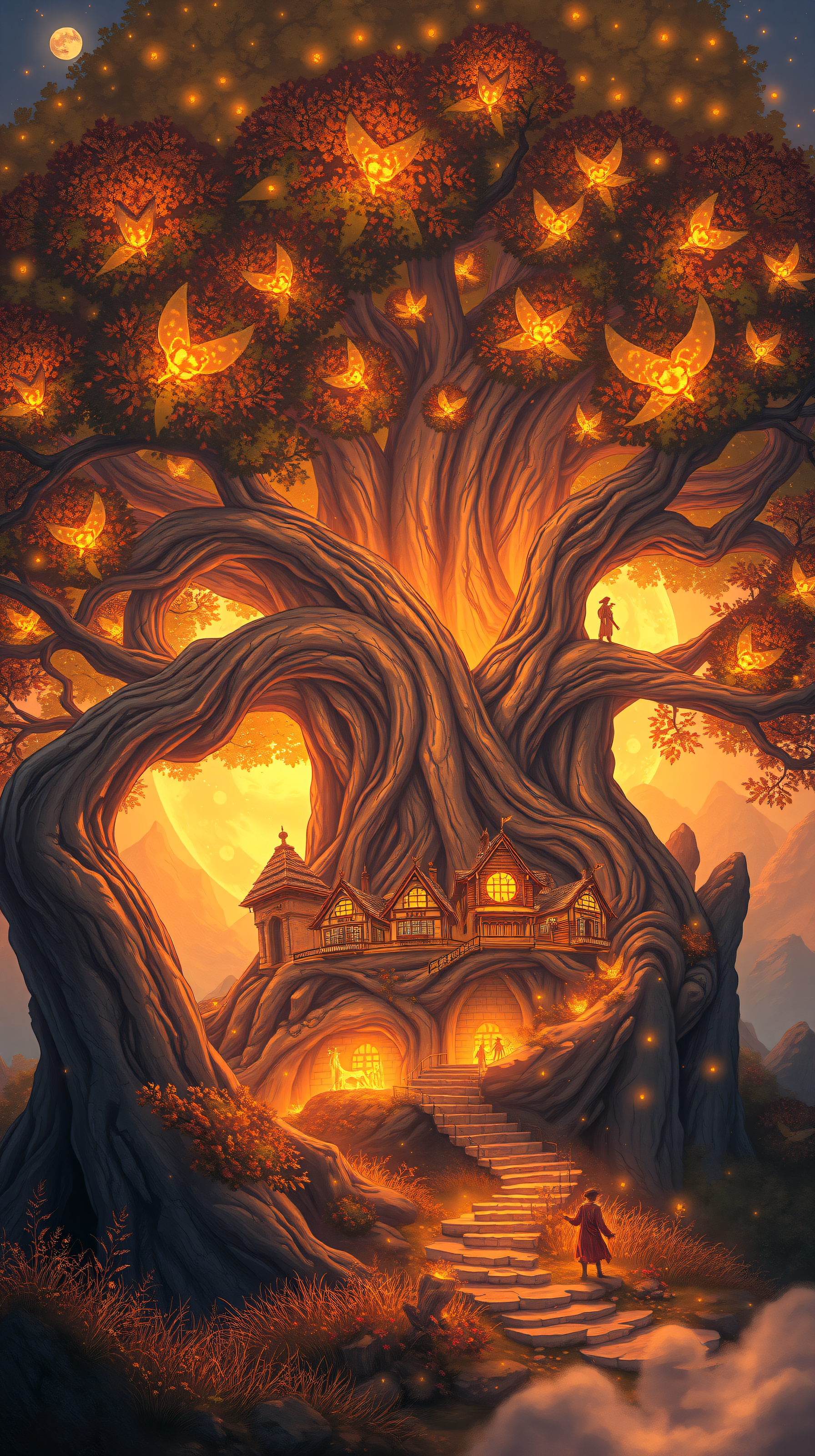 Fantasy Tree Village with Glowing Butterflies, fantasy tree, tree village, glowing butterflies, enchanted forest, magical, moonlit