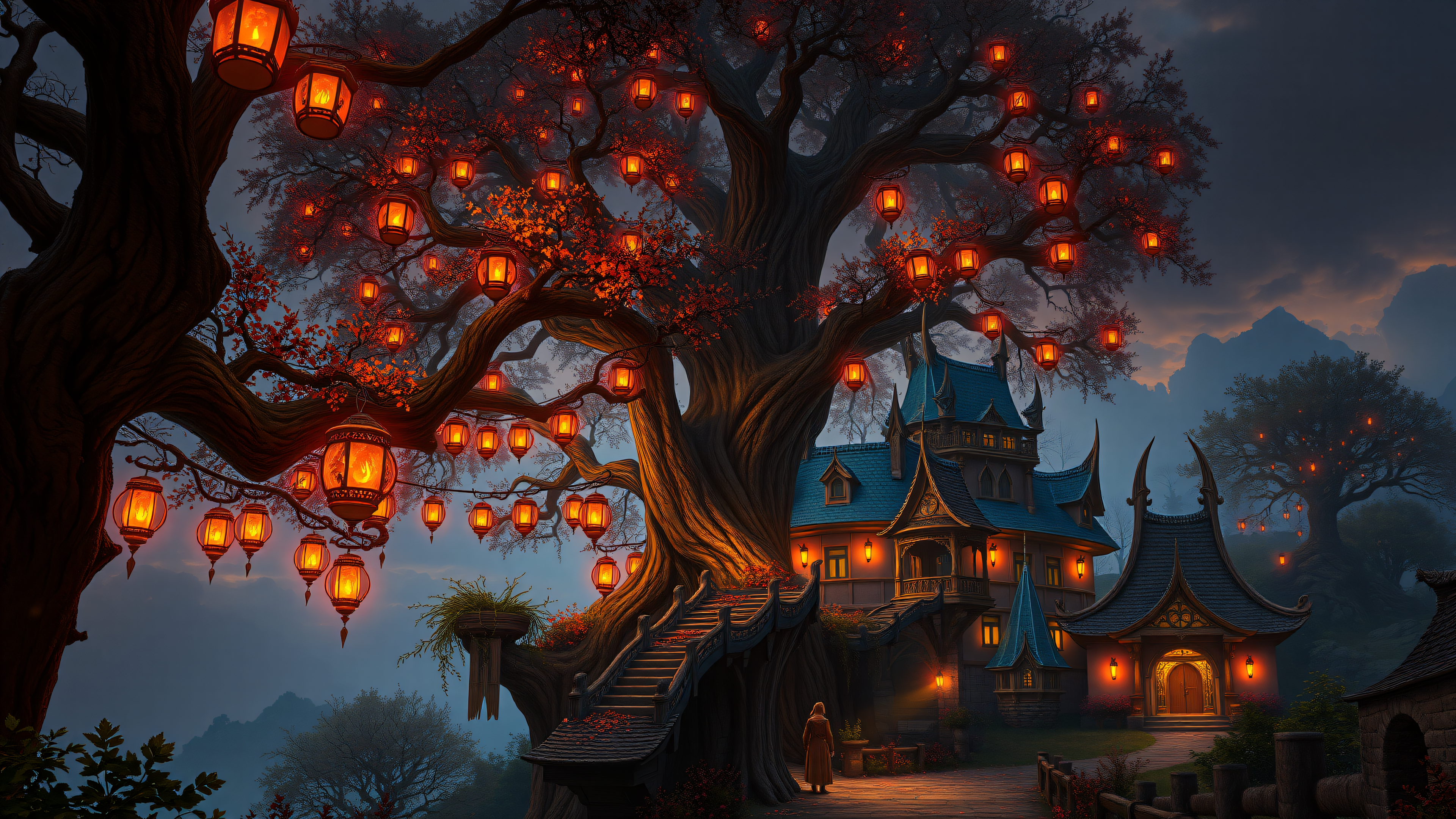 Fantasy Tree House with Glowing Lanterns at Dusk, fantasy treehouse, glowing lanterns, enchanted forest, magical night, autumn leaves, cozy aesthetic