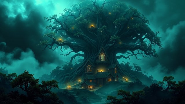 Mystic Treehouse Village: Enchanted Teal Forest Night