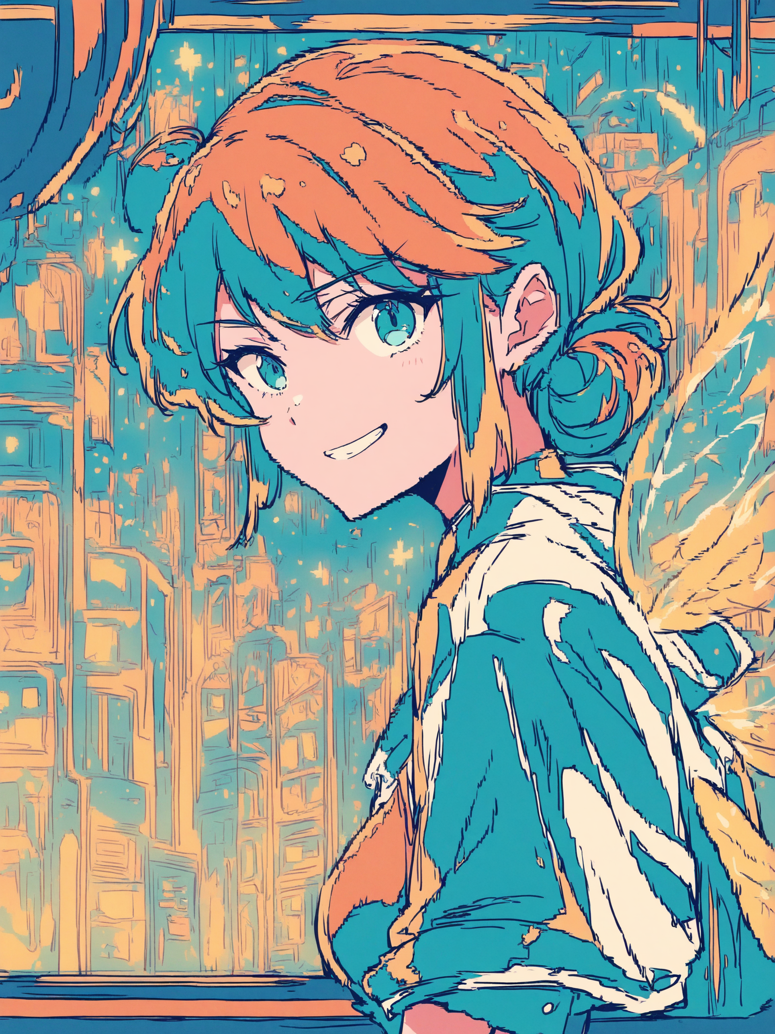 Anime Fairy Girl with Teal Hair City View, anime girl, fairy, fantasy, cityscape, teal hair, orange hair