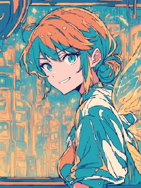 Anime Fairy Girl with Teal Hair City View