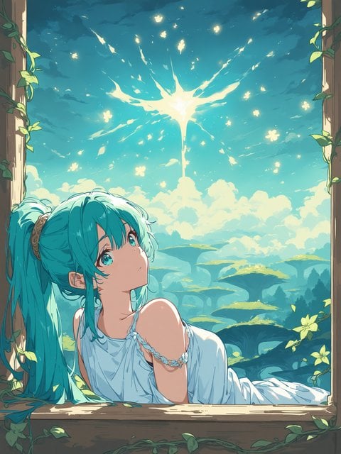 Anime Girl Fantasy Window View Teal Hair