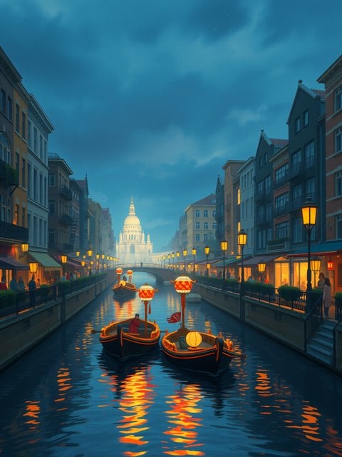 Evening Canal Cityscape with Gondolas & Dome