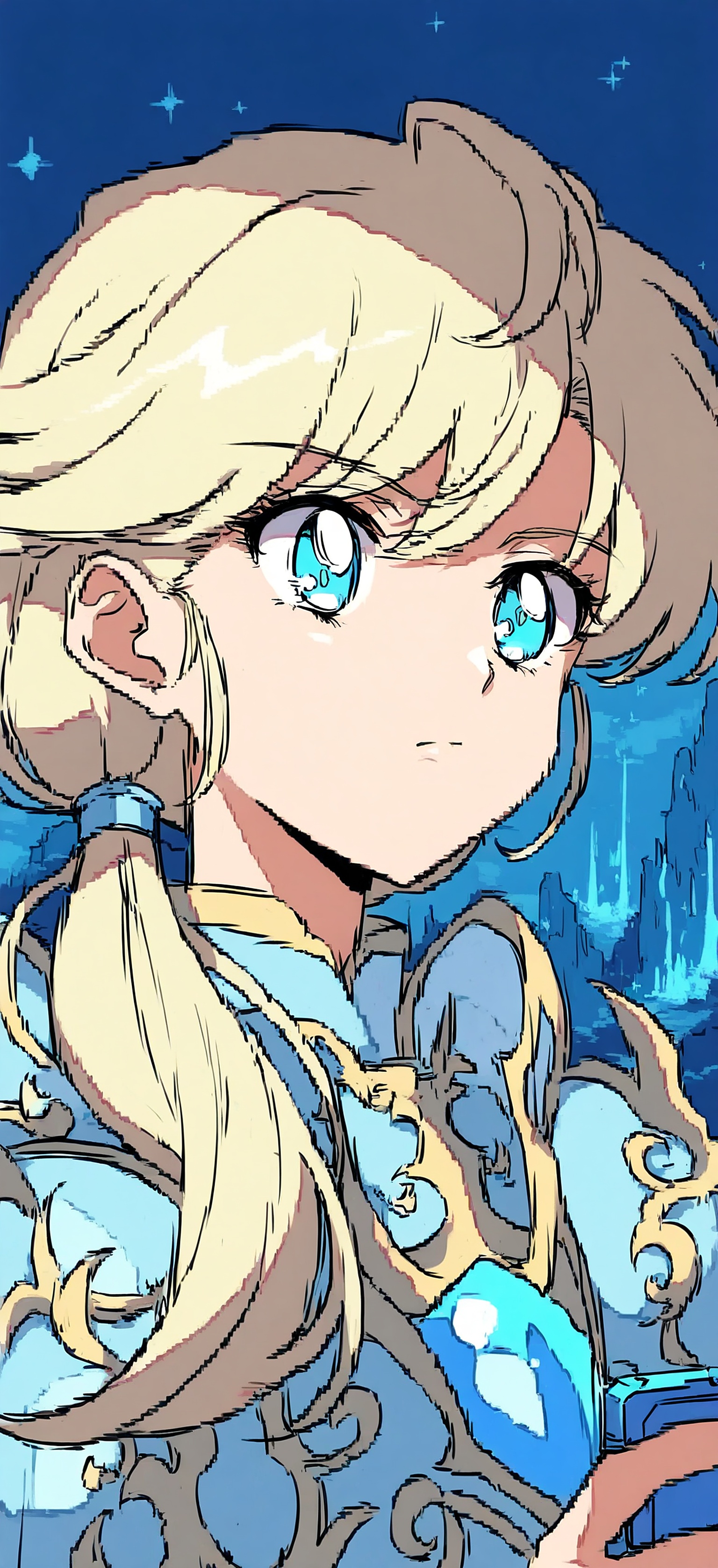 Anime Warrior Princess Blue Sky Wallpaper, anime girl, warrior princess, blonde hair, blue eyes, fantasy city, manga art