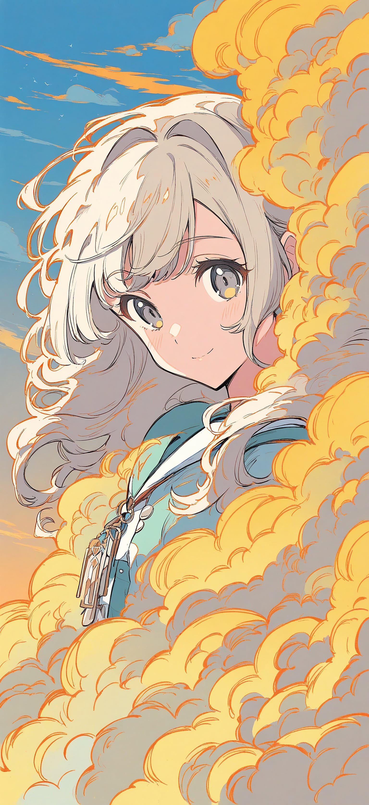 Anime Girl in Golden Clouds, Blue Sky, anime girl, cute anime, golden clouds, blue sky, illustration, kawaii