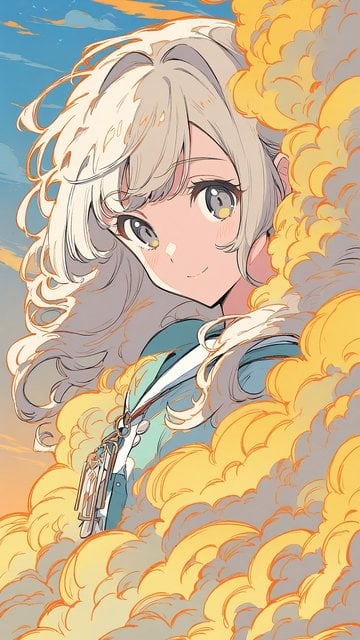 Anime Girl in Golden Clouds, Blue Sky