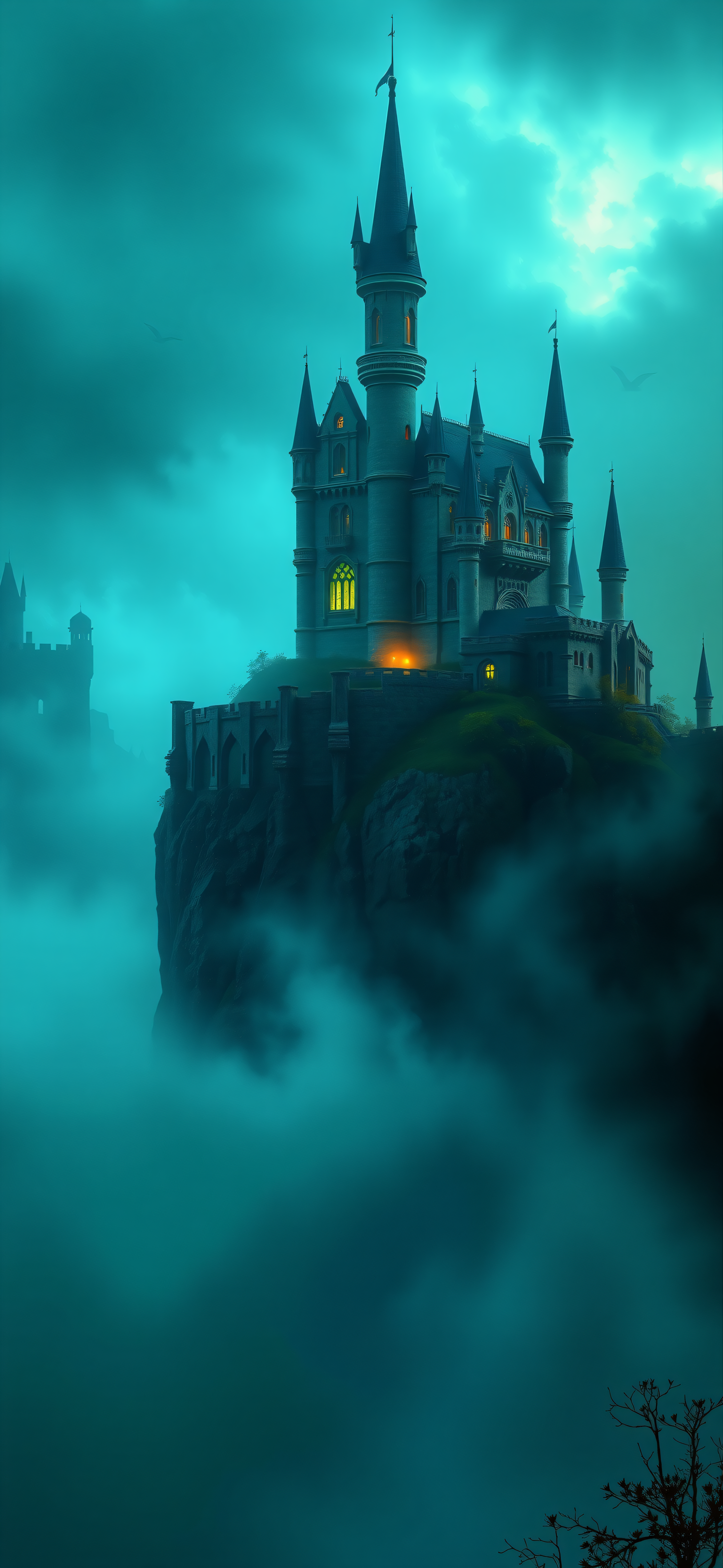 Misty Fantasy Castle on Cliff Edge, fantasy castle, gothic castle, misty landscape, teal aesthetic, dark fantasy, enchanted