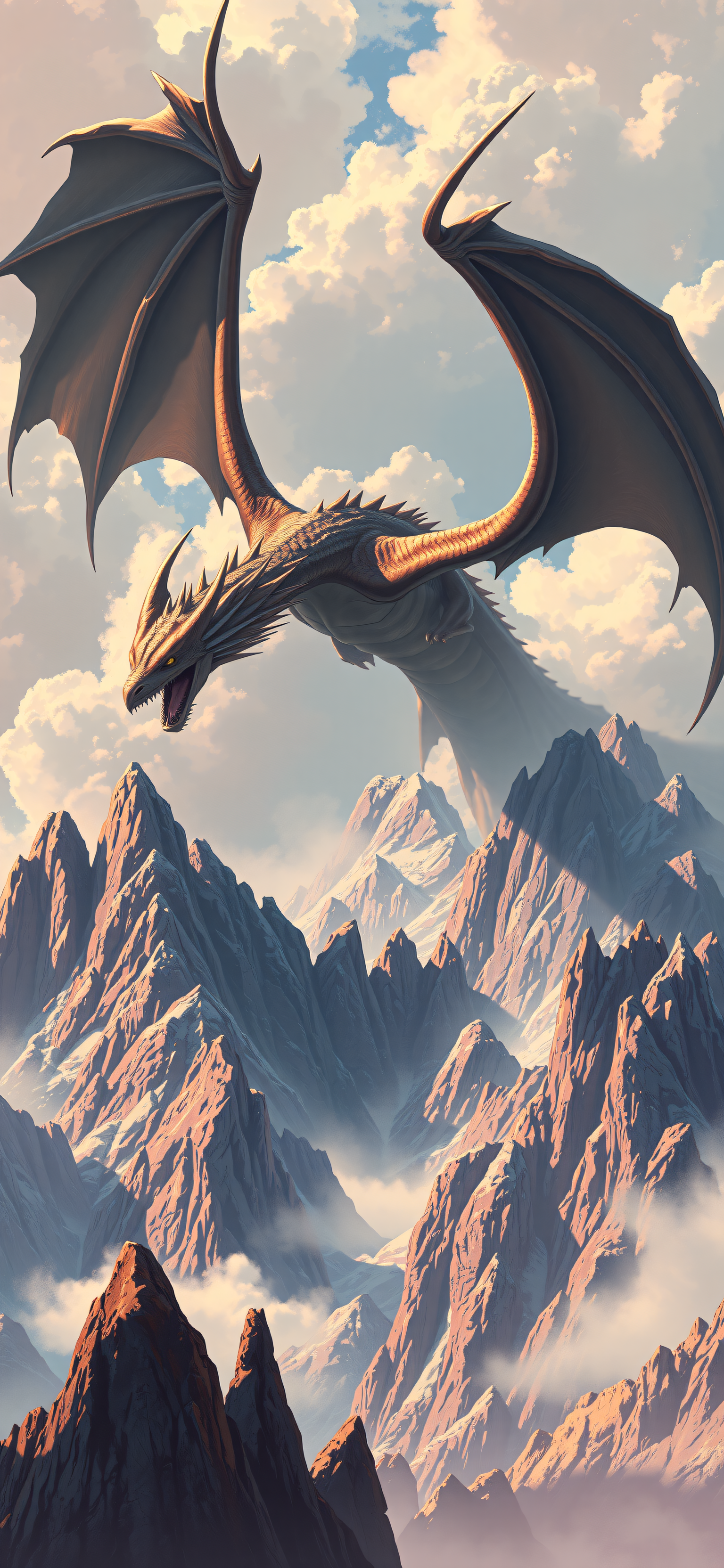 Majestic Dragon Flying Over Fantasy Mountains, dragon, fantasy, mountains, clouds, epic, creature