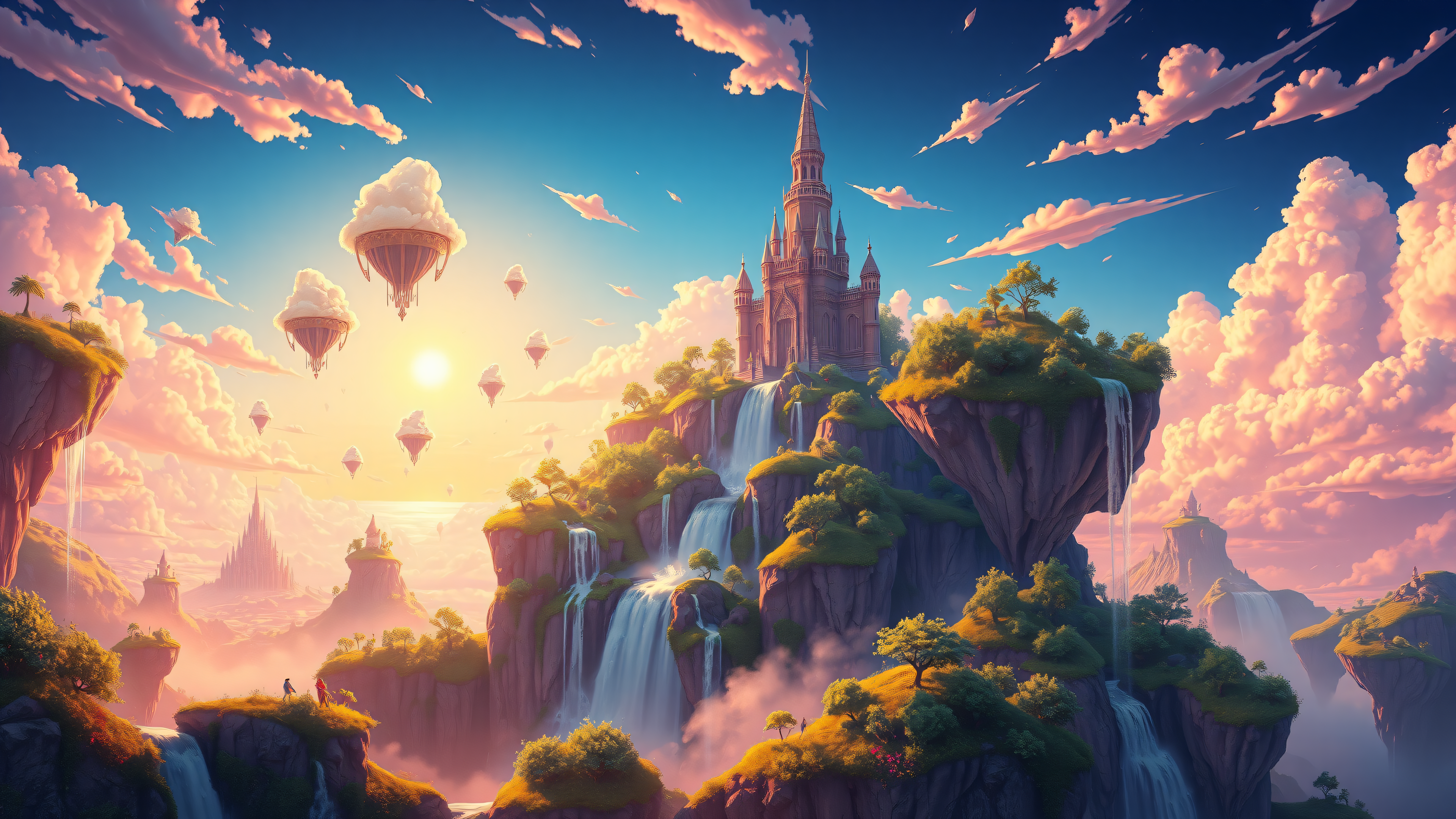 Fantasy Castle & Waterfalls at Sunset, fantasy castle, waterfall, sunset, floating islands, enchanted landscape, anime aesthetic
