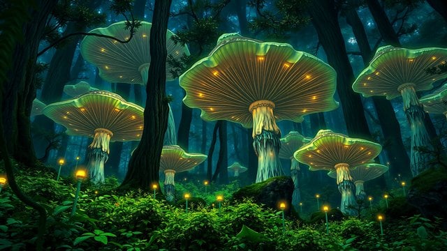 Enchanted Forest Glowing Mushrooms Fantasy Art