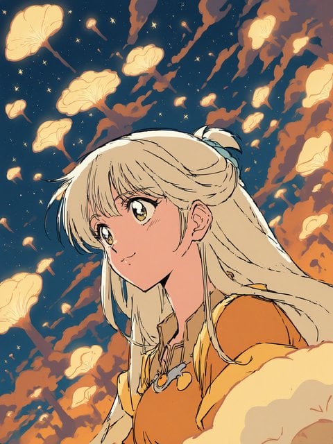 Anime Girl Sky, Glowing Mushrooms & Stars Wallpaper