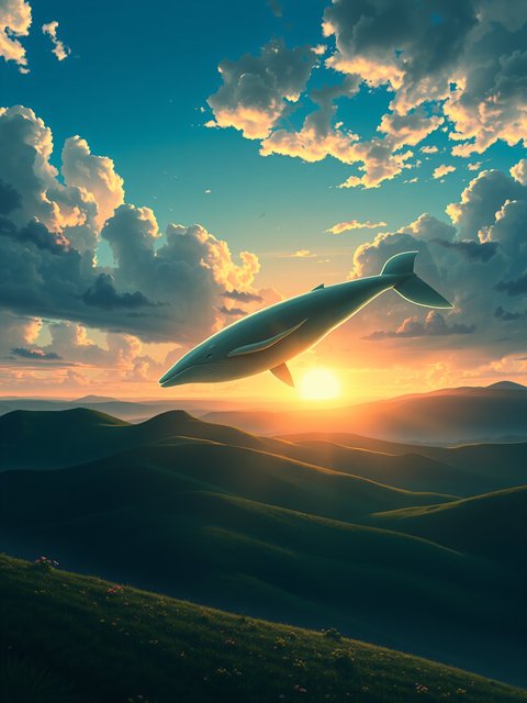 Flying Whale Sunset Dreamscape Wallpaper