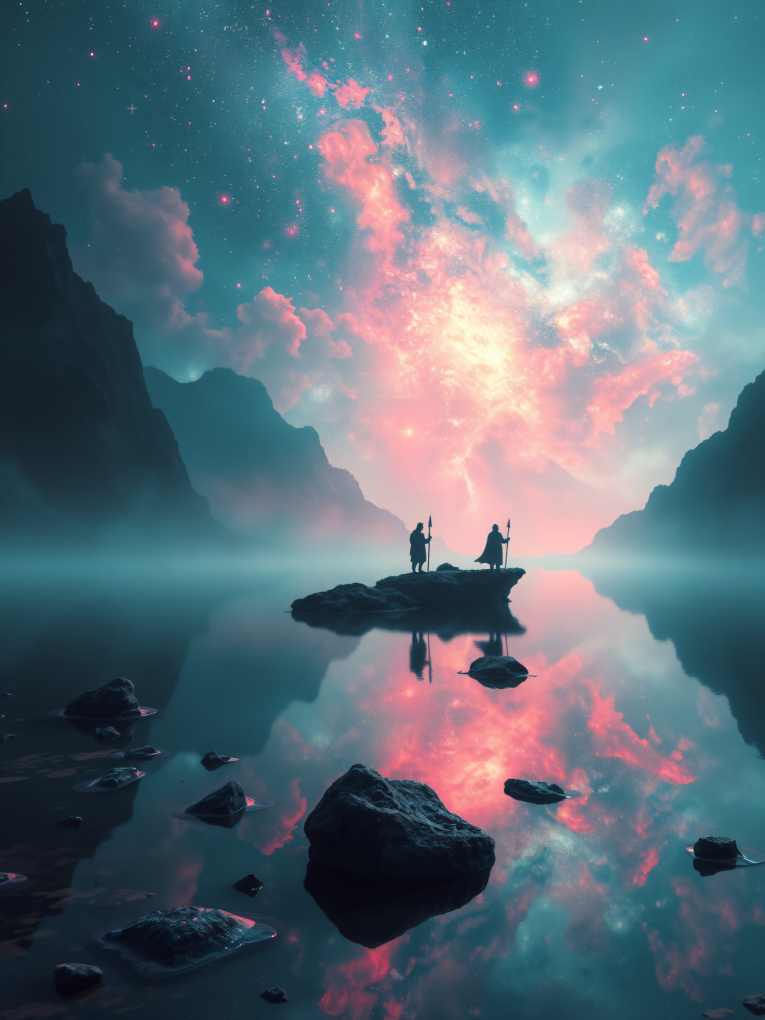 Cosmic Lake, Misty Mountains, Fantasy Warriors, fantasy lake, cosmic sky, misty mountains, fantasy warriors, nebula wallpaper, pink and teal