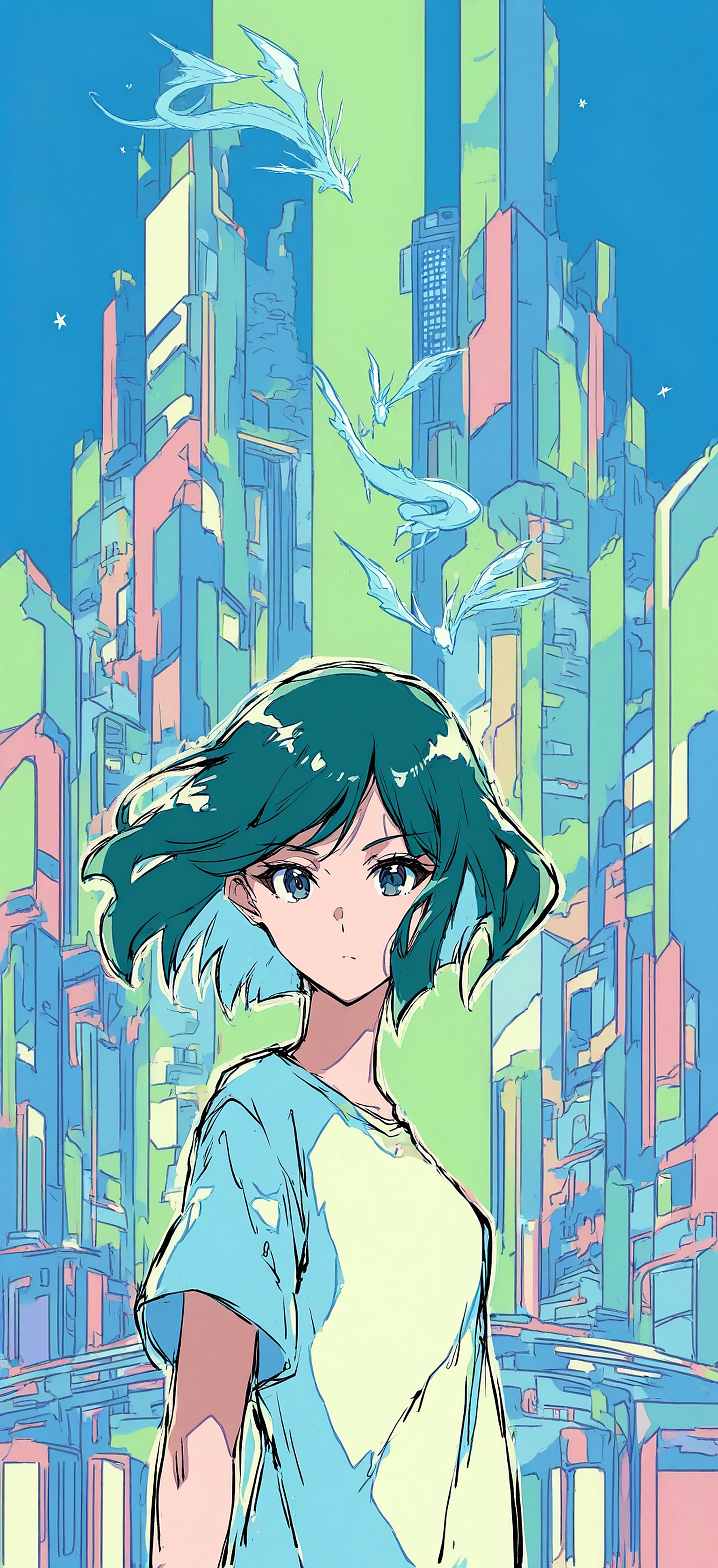 Anime Girl in Urban Fantasy with Sky Dragons, anime girl, urban fantasy, sky dragons, cityscape, pastel colors, teal hair