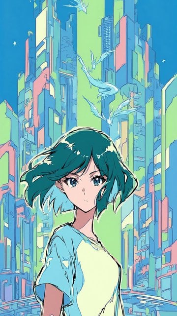 Anime Girl in Urban Fantasy with Sky Dragons